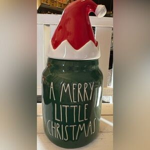 Rae Dunn Festive Green Cookie Jar with Red Santa Hat